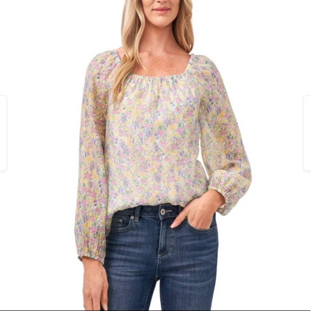 CeCe Garden Muses Floral Square Neck Long Sleeve Top